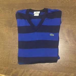 Lacoste Black and Blue Striped V-Neck Sweater Medium